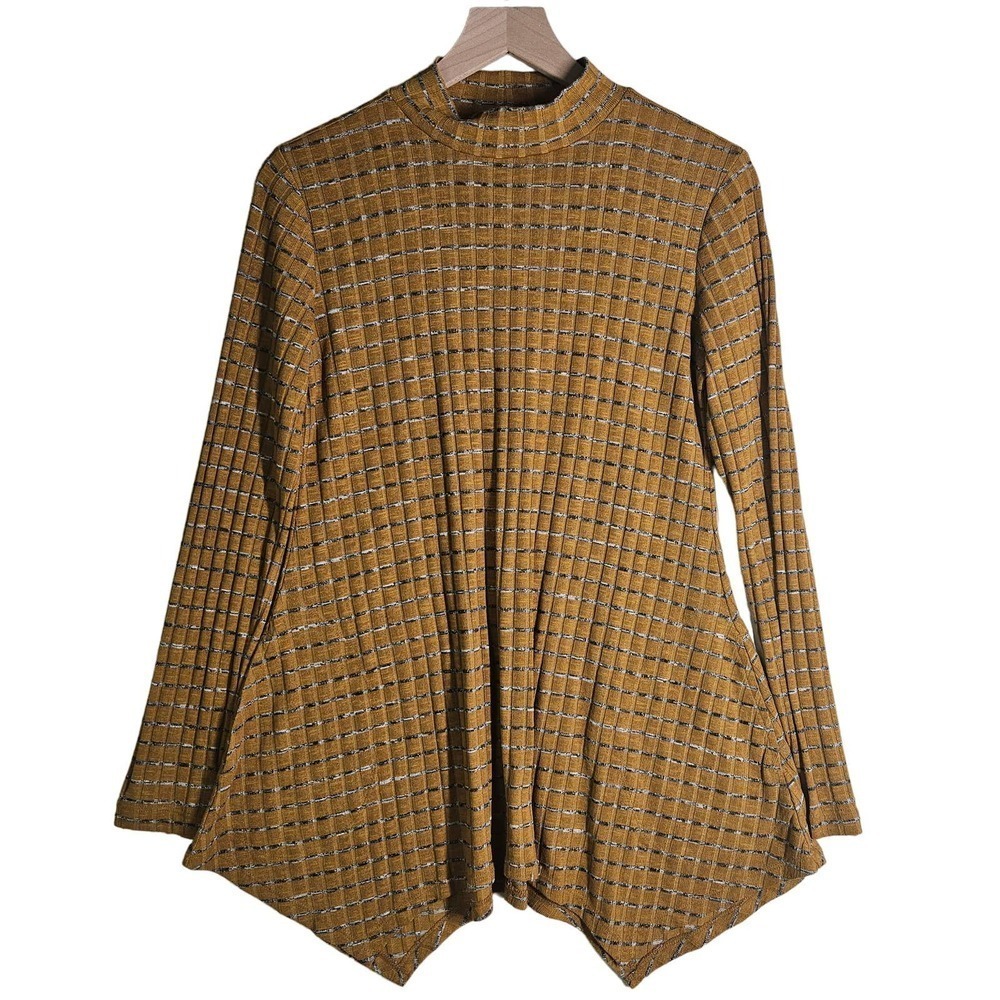 Logo Lori Goldstein Rib Knit Mock‎ Neck Tunic Top S Mustard Yellow Grey Stripe